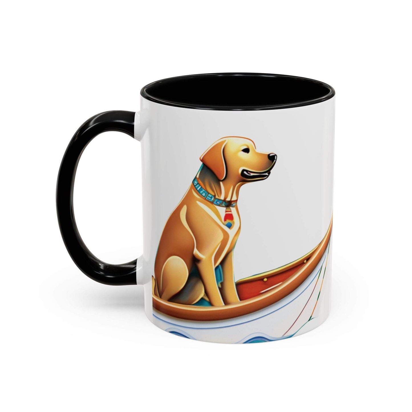 Nautical Dog Lover Coffee Mug with dog and boat design, 11oz and 15oz sizes, black handle.