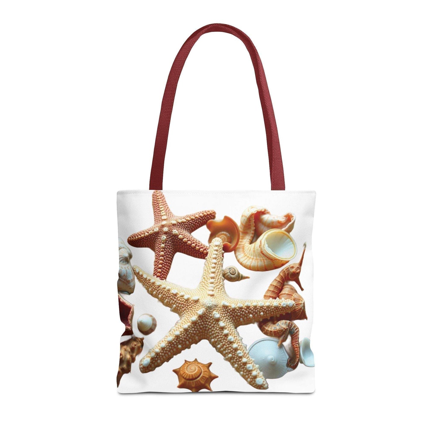 Beach tote bag with seashell and starfish design, featuring durable polyester material and red handles.
