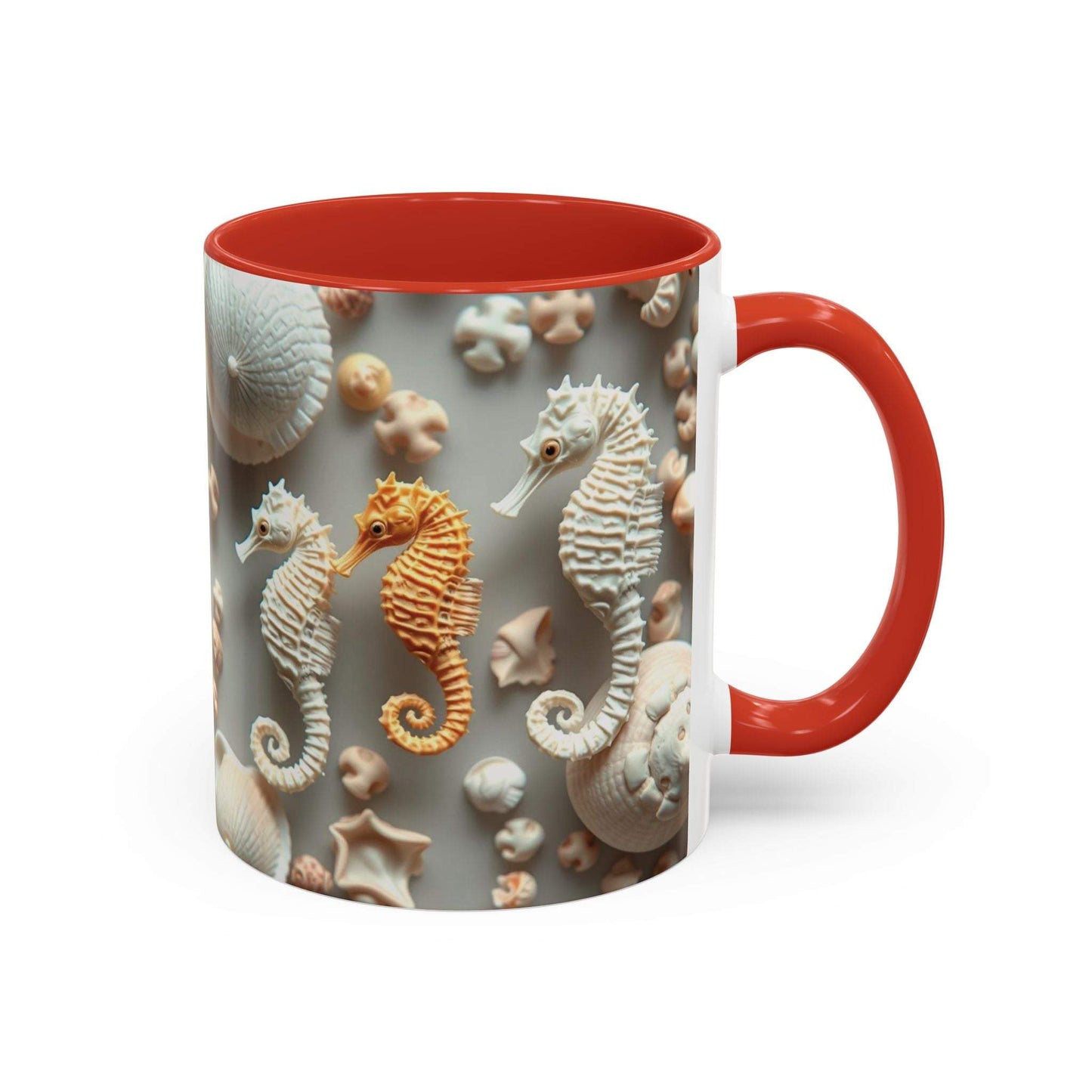 Seahorse accent coffee mug with nautical design and vibrant colors.