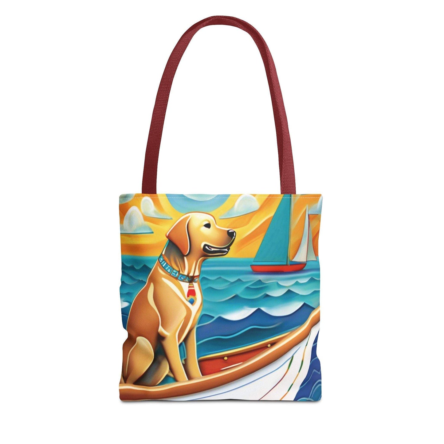 Vibrant tote bag featuring a cheerful dog sailing design, perfect for pet lovers.