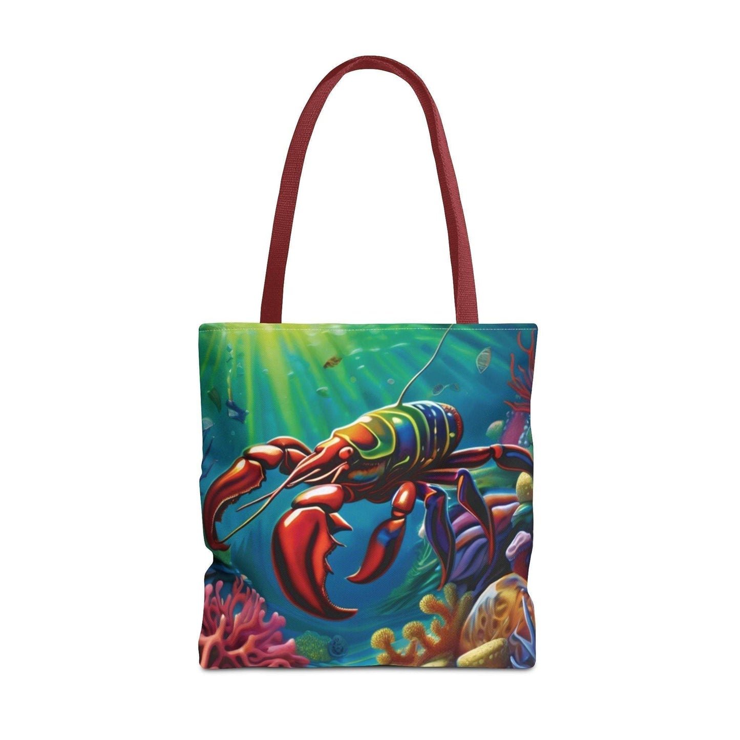 Vibrant Lobster Tote Bag with bold ocean graphics, perfect for beach lovers and marine enthusiasts.