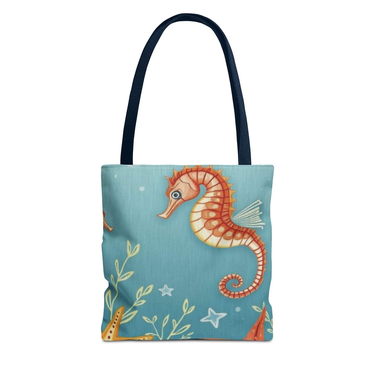 Beach tote bag with vibrant seahorse and starfish design.