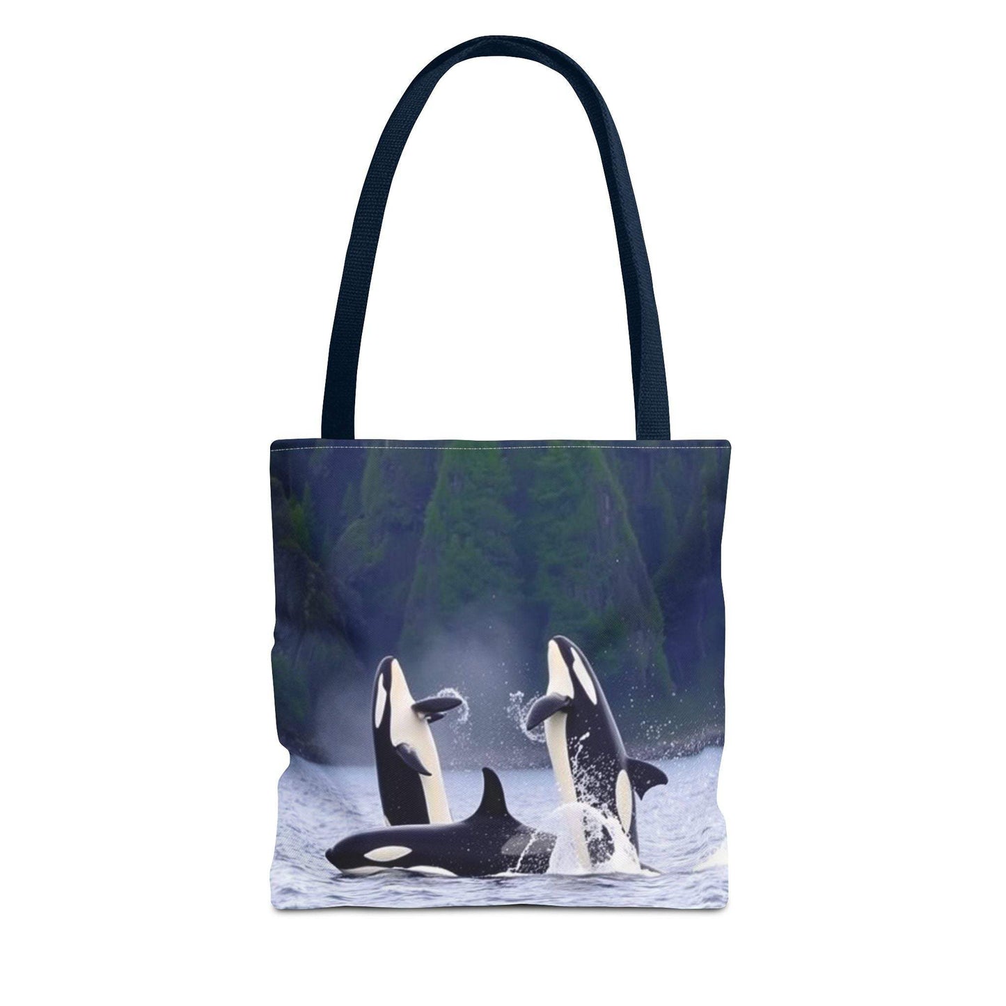 Eco-friendly orca whales tote bag featuring stunning ocean wildlife design, perfect for shopping and casual outings.