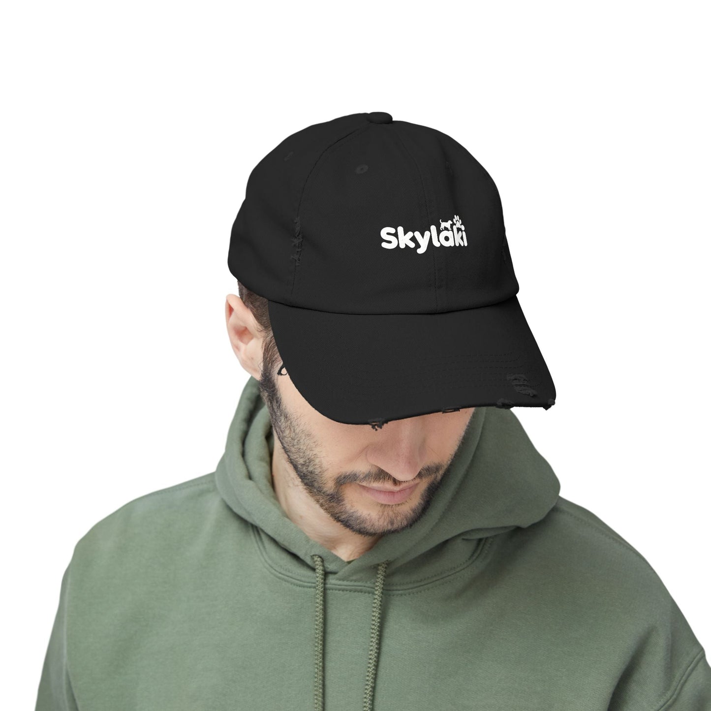 Unisex distressed cap with Skylaki logo, perfect for dog lovers and outdoor enthusiasts.