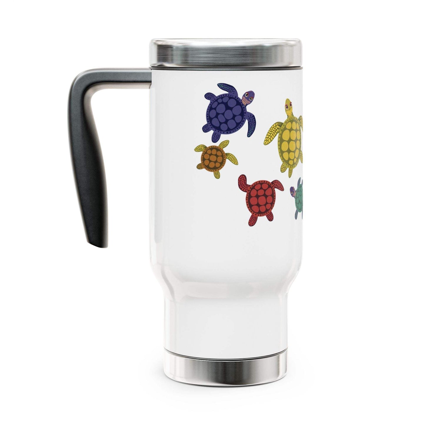 Stainless steel travel mug with handle and turtle design, 14oz capacity.