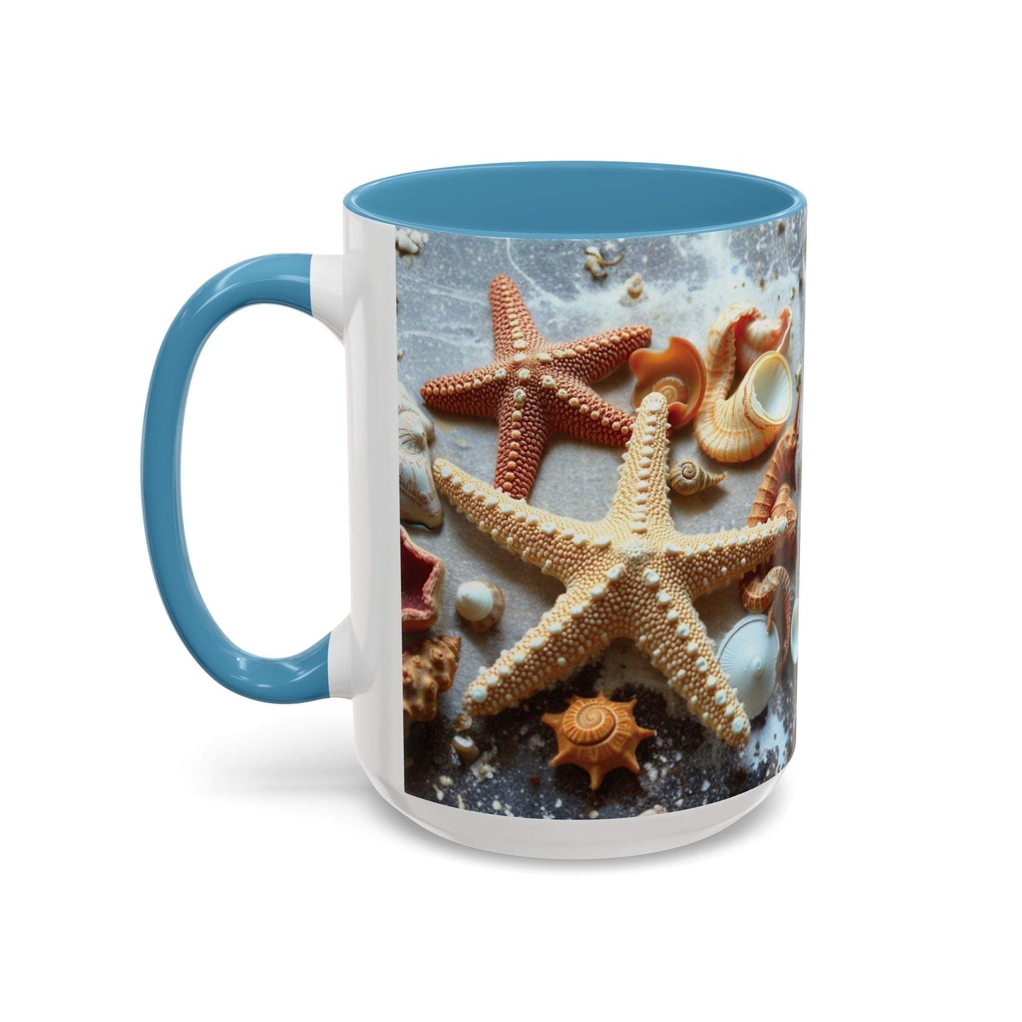 Beach-themed coffee mug with nautical shells and starfish design, perfect gift for ocean lovers.