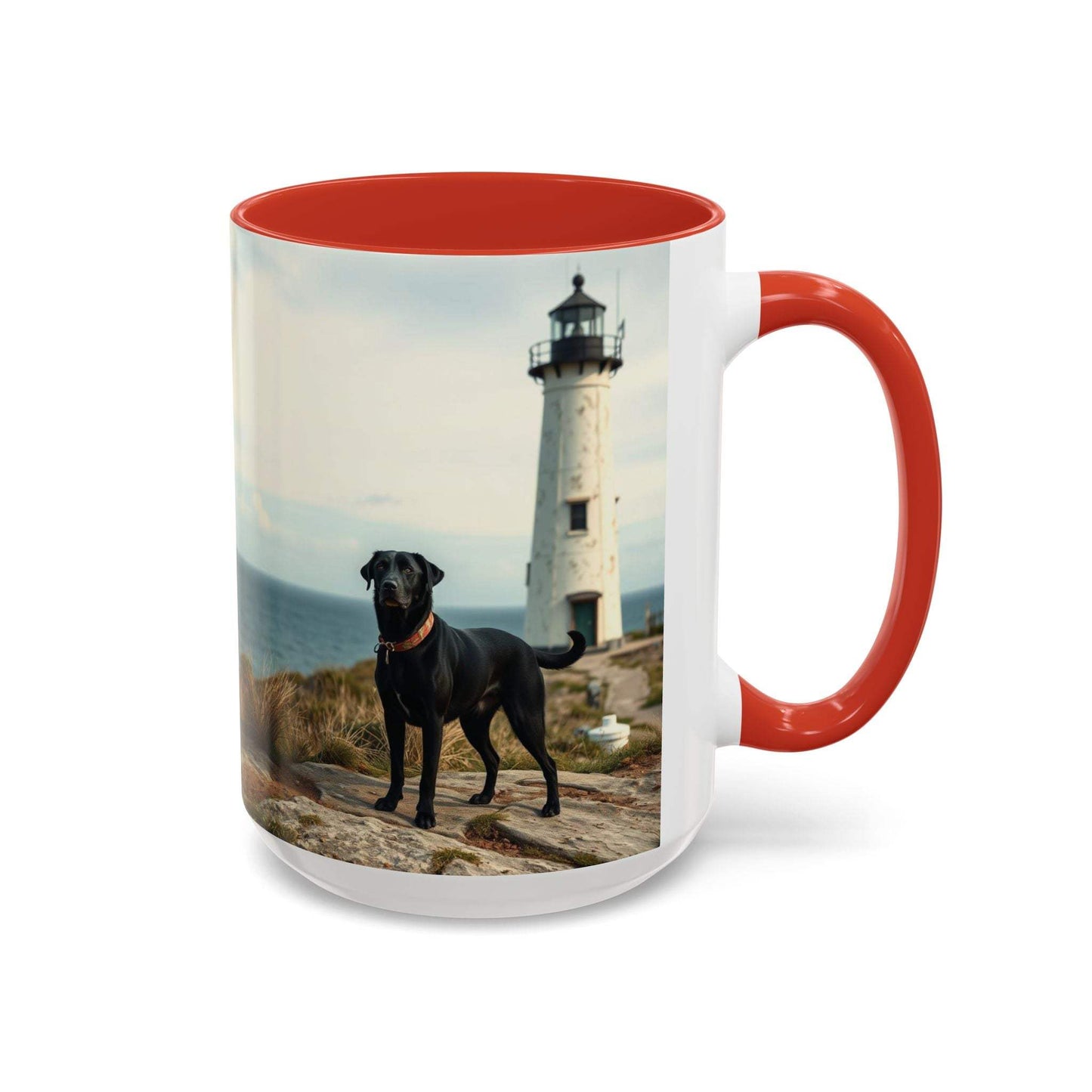 Ocean-themed coffee mug with lighthouse and dog design, red interior, Coastal Vibe style.