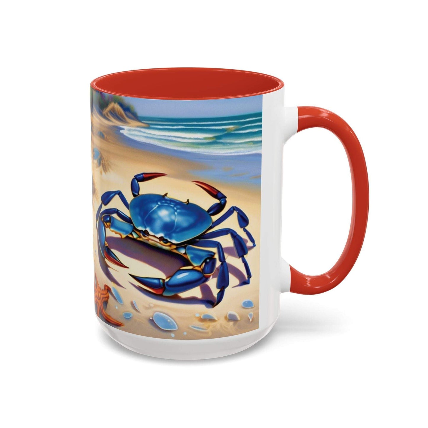 Coastal Crab Accent Nautical Coffee Mug with vibrant beach design and red handle.