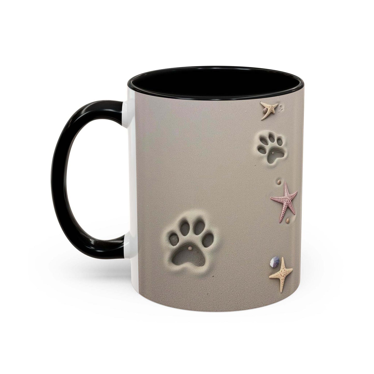 Nautical coffee mug with starfish and paw prints design, perfect for beach lovers.