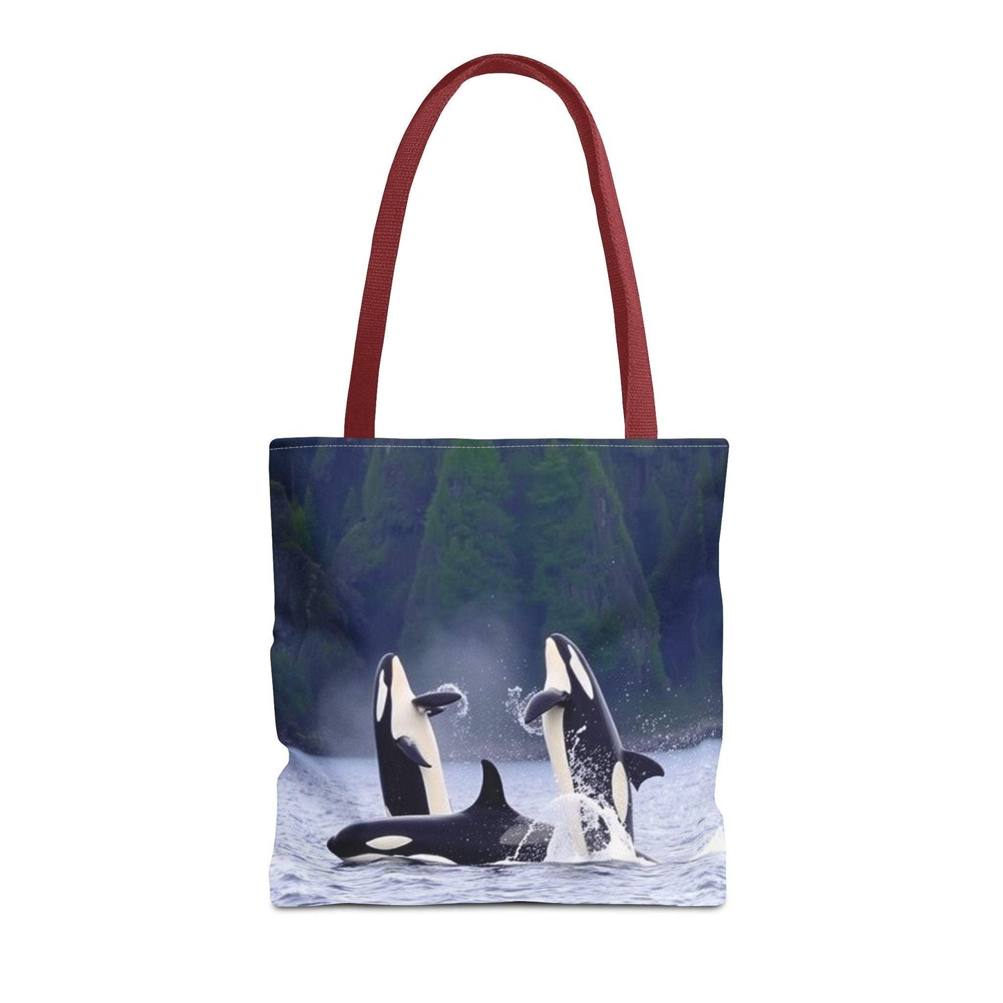 Eco-friendly tote bag featuring orca whales, ideal for shopping and outdoor activities.