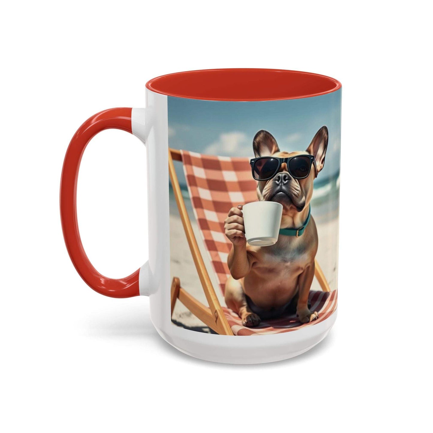 Beach Dog Accent Coffee Mug with a dog in sunglasses on a beach chair, perfect for pet lovers.