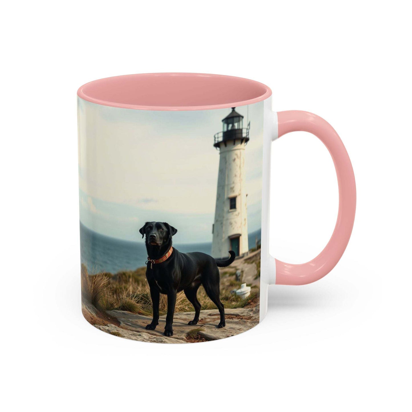 Ocean-themed mug with a lighthouse and black dog design, pink interior and handle, perfect for coastal vibe decor and dog lovers.