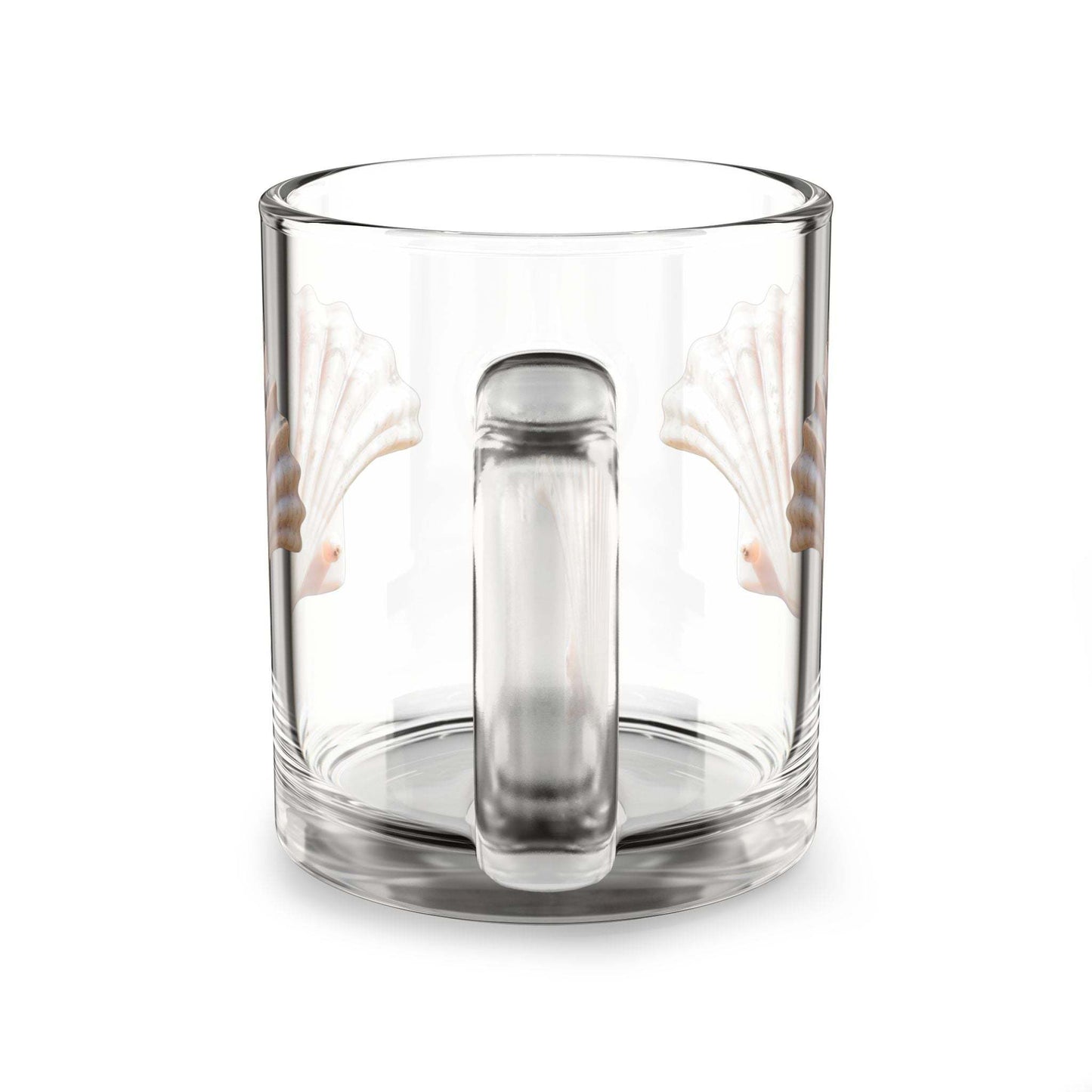 Seashell Coffee Glass Mug with C-shaped handle, clear design, 10oz capacity.