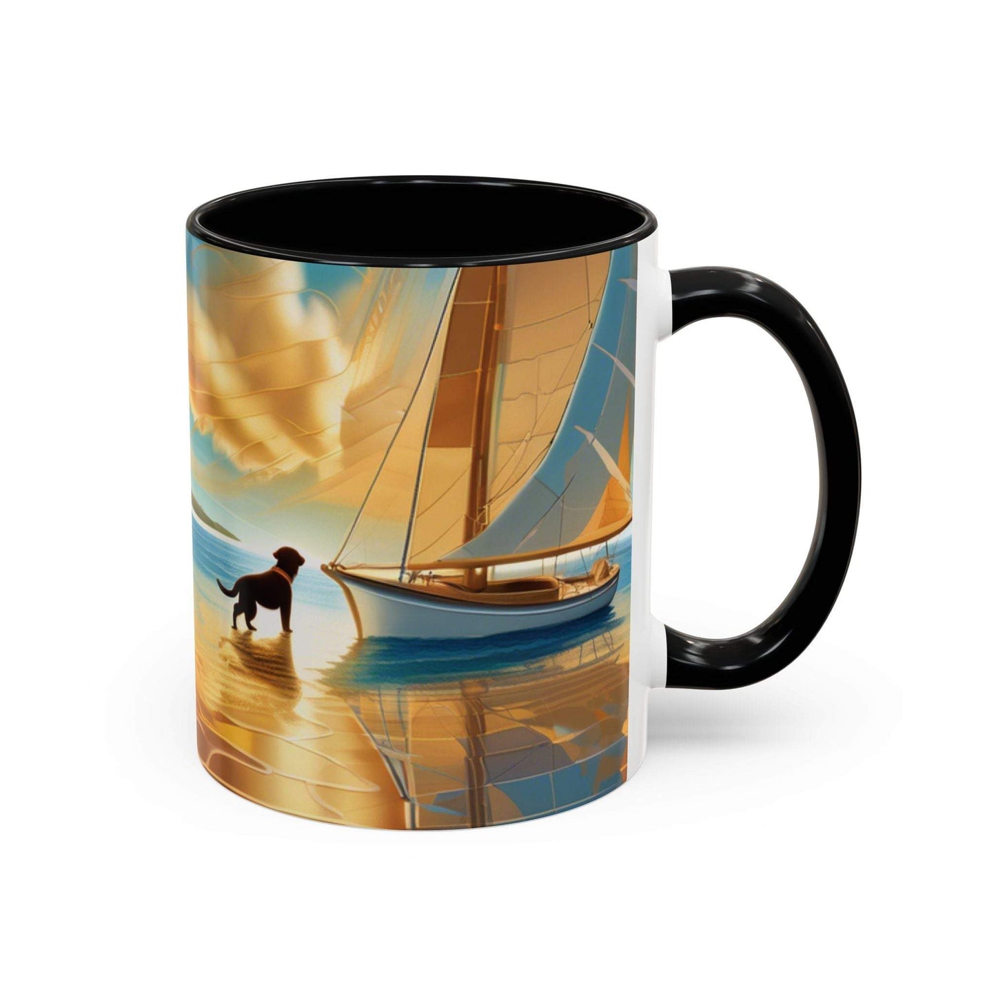 Serene Sunset Dog Lover's Mug with vibrant sailboat design and black handle, available in 11oz and 15oz sizes.