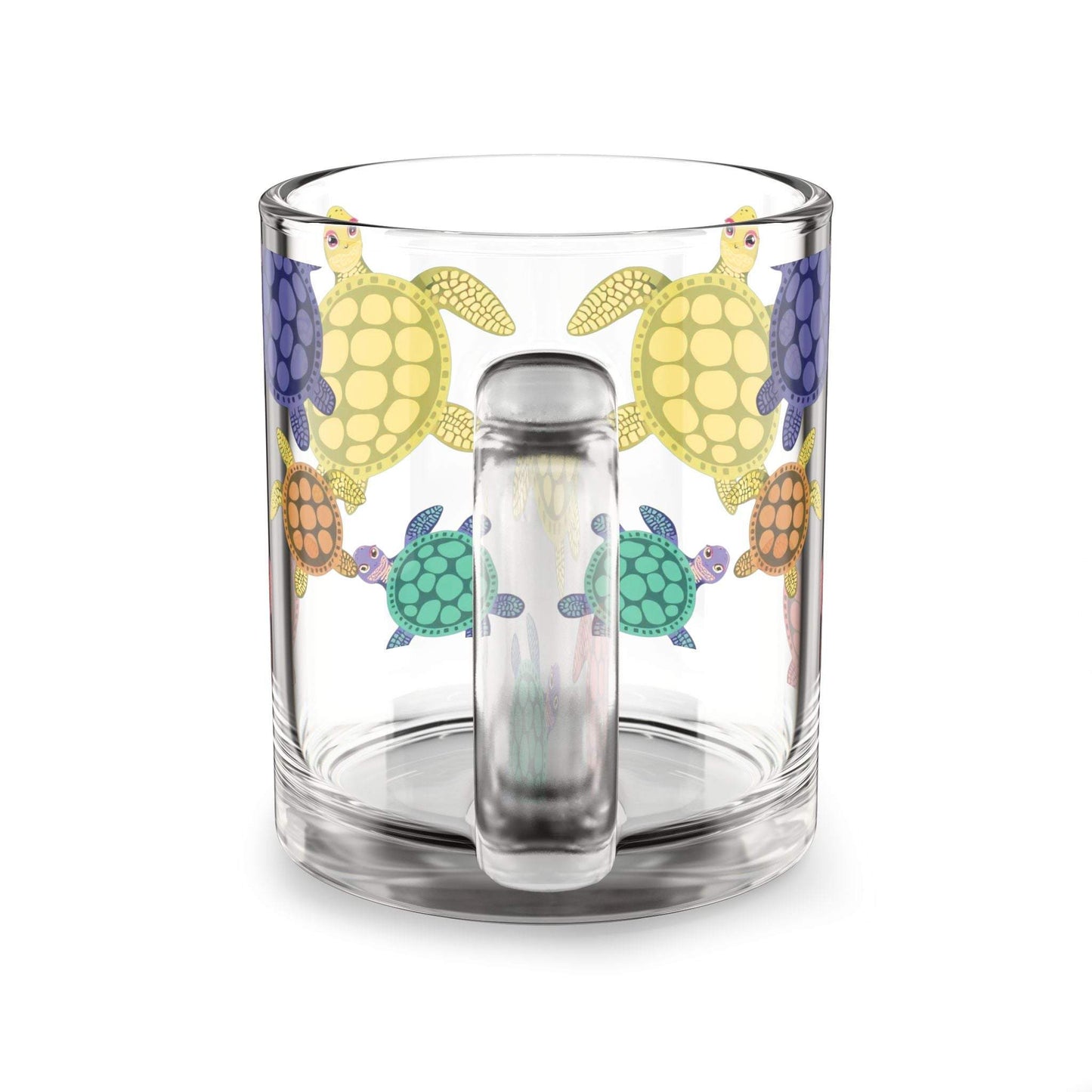Glass mug with colorful turtle design, 10oz, ideal for beach lovers.