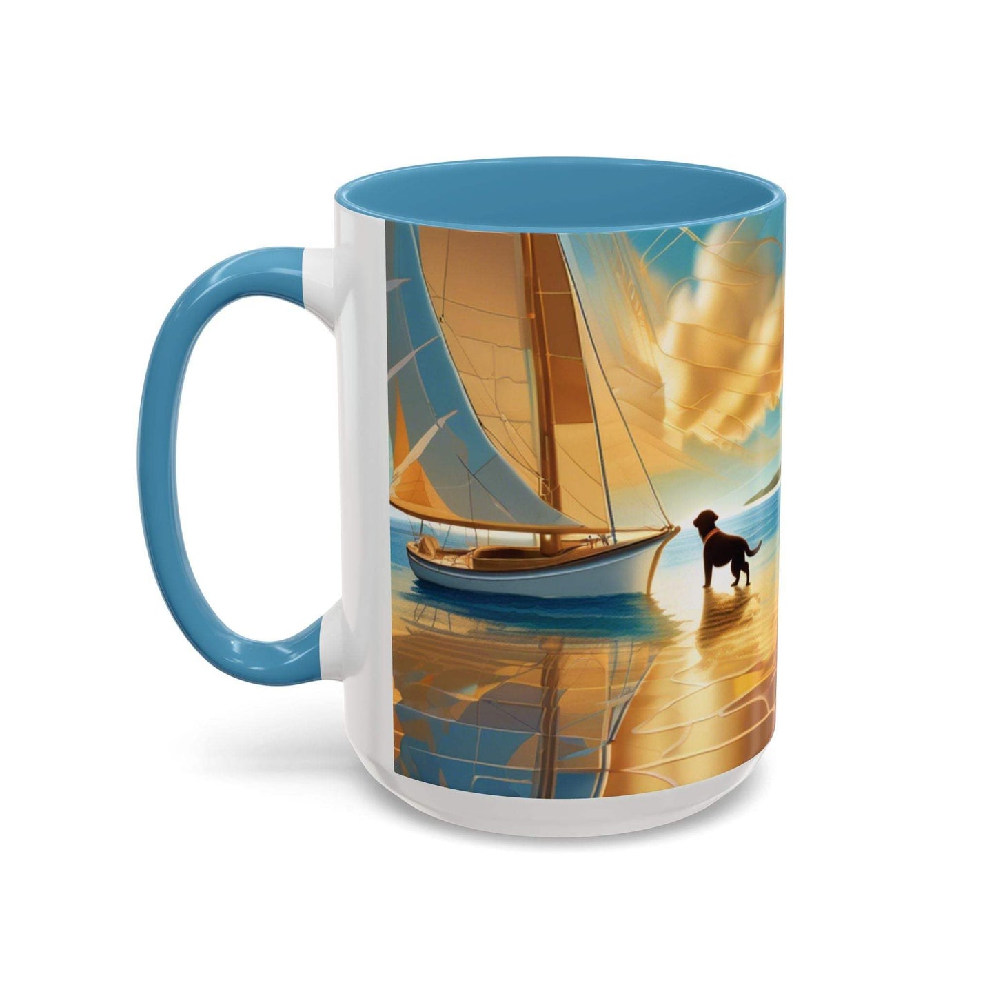 Serene Sunset Dog Lover's Mug with sailboat design, 11oz & 15oz sizes, vibrant colors.