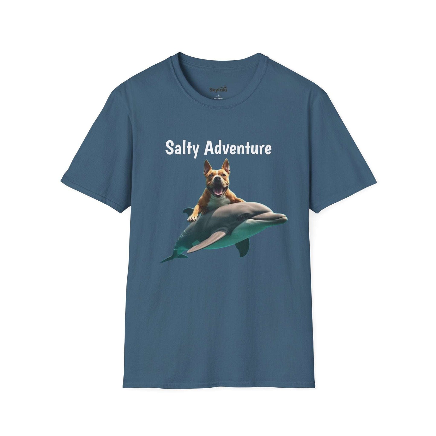 Unisex blue t-shirt with "Salty Adventure" graphic featuring a dog on a dolphin, capturing fun beach life spirit.