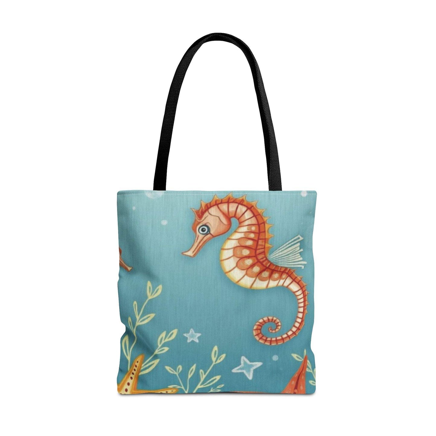Beach Bag tote bag with vibrant seahorse and starfish design on a blue background.
