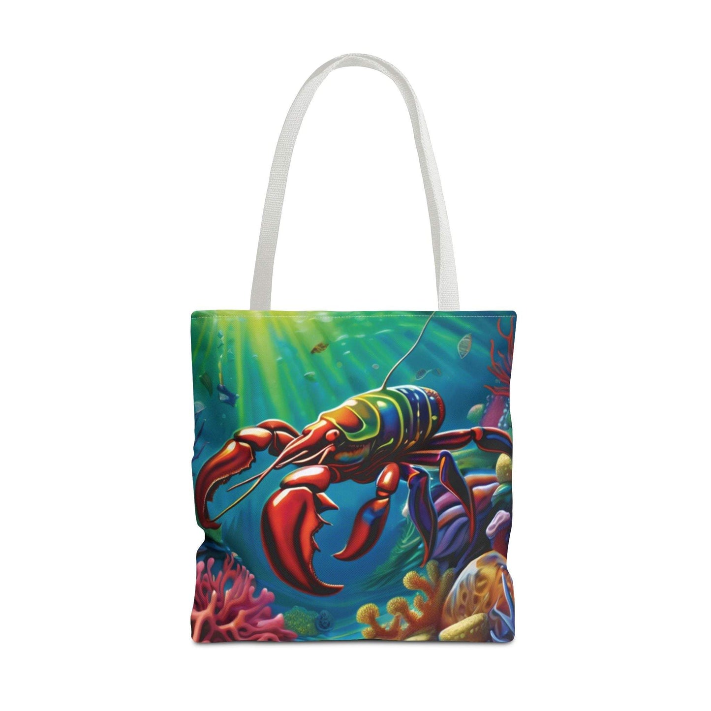Lobster tote bag with vibrant ocean design, perfect for beach lovers.