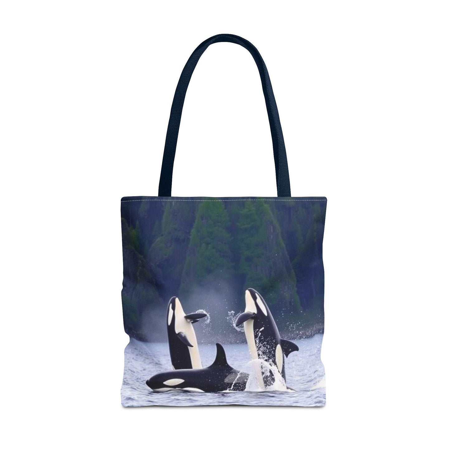 Eco-friendly Orca whales tote bag with ocean wildlife design, durable polyester.