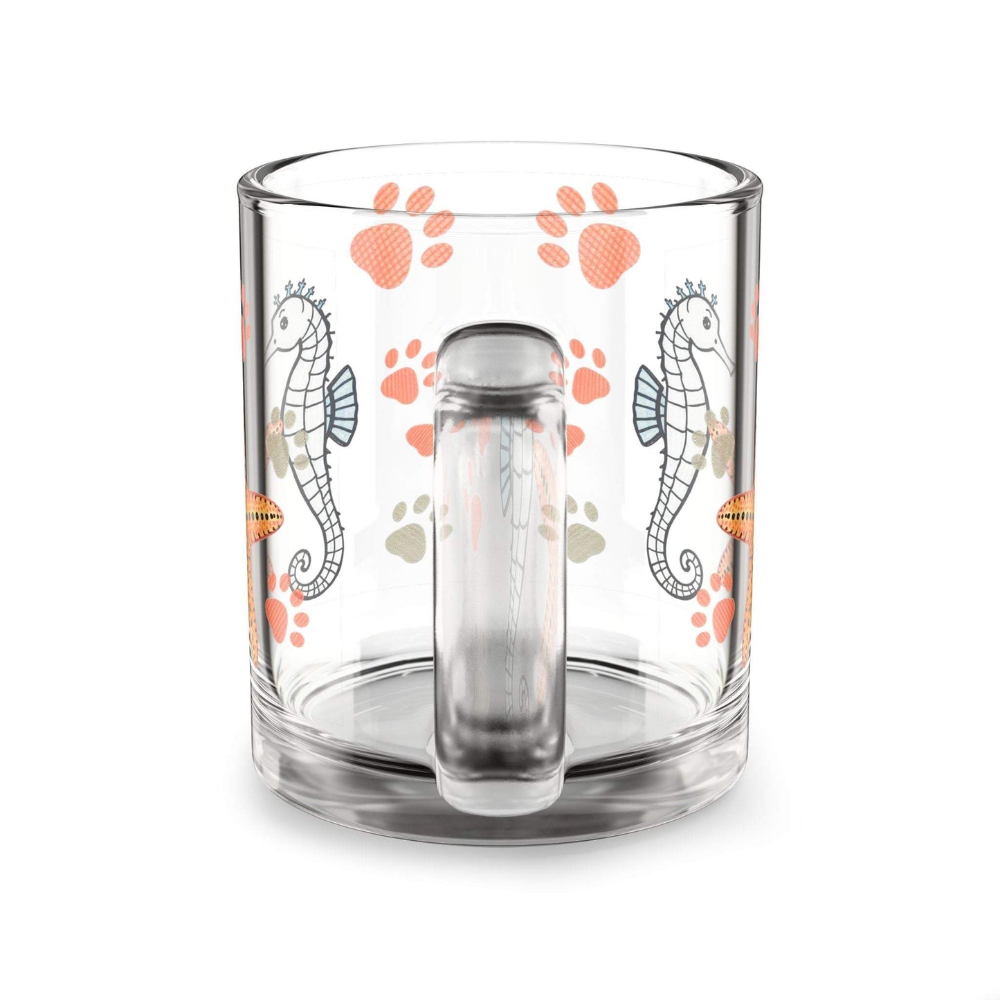 Ocean-themed glass mug with seahorse and starfish design, 10oz capacity.