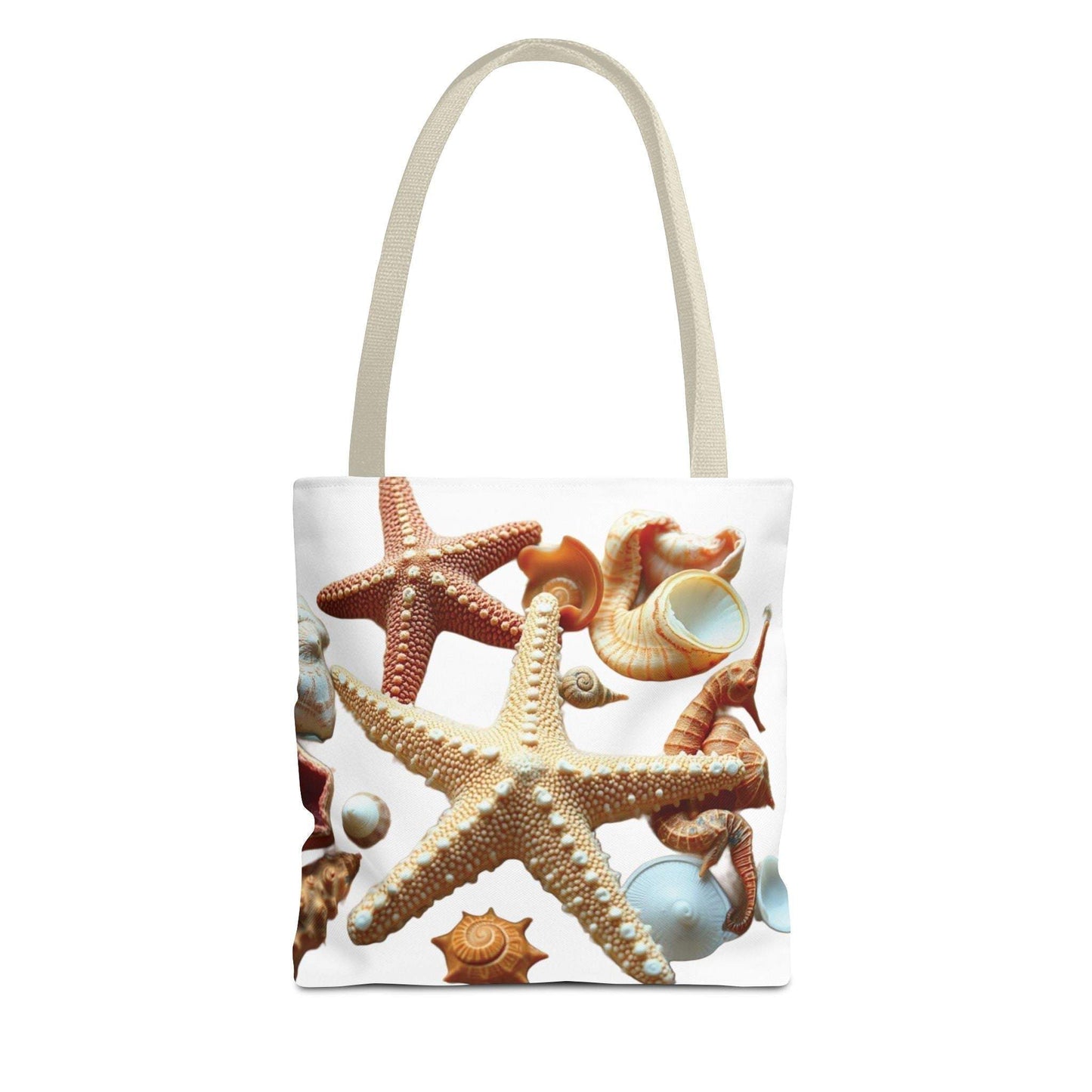 Beach tote bag with starfish and seashell design.