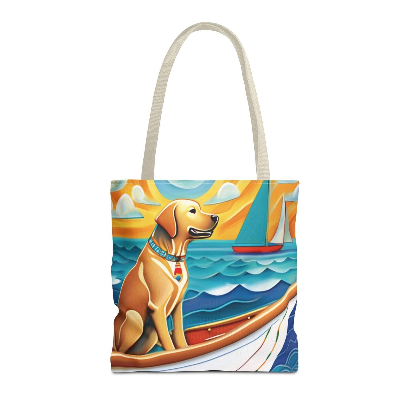 Vibrant Sailing Dog Tote Bag featuring a cheerful dog on calm waters, perfect for pet lovers and outdoor enthusiasts.