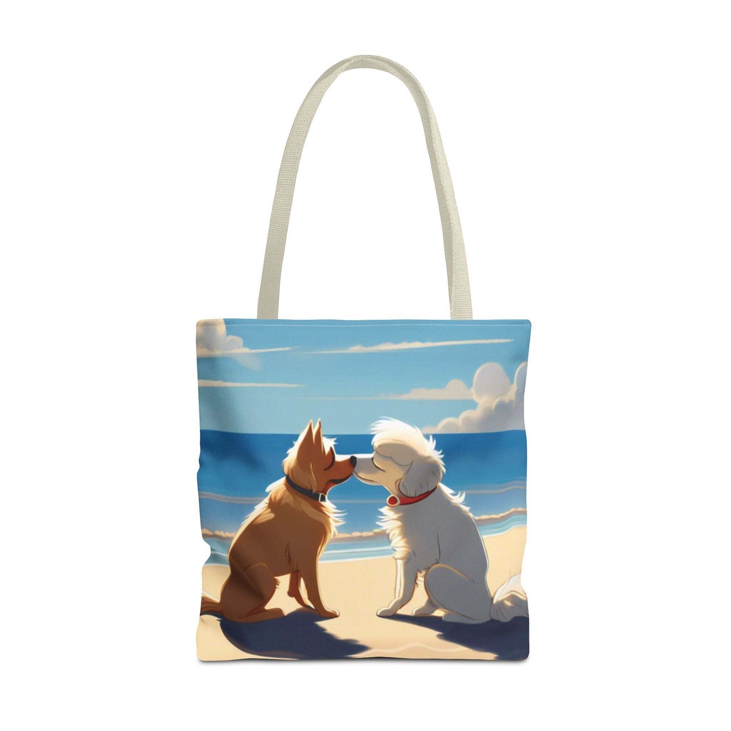 Everyday Tote Bag with Pups on the Beach Design, Durable Polyester, Multiple Handle Colors