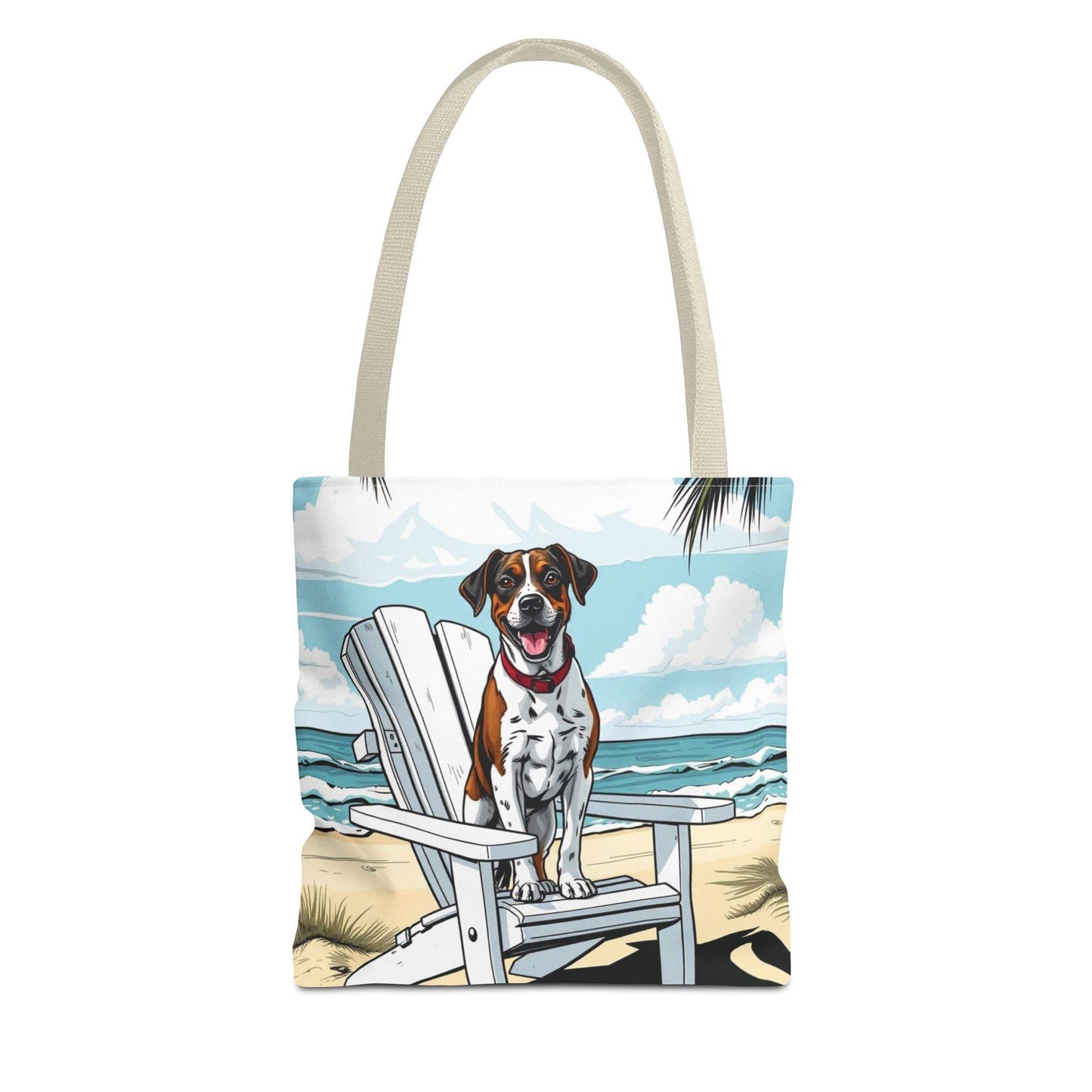 Beach tote bag with playful dog artwork, perfect for pet lovers and summer adventures.