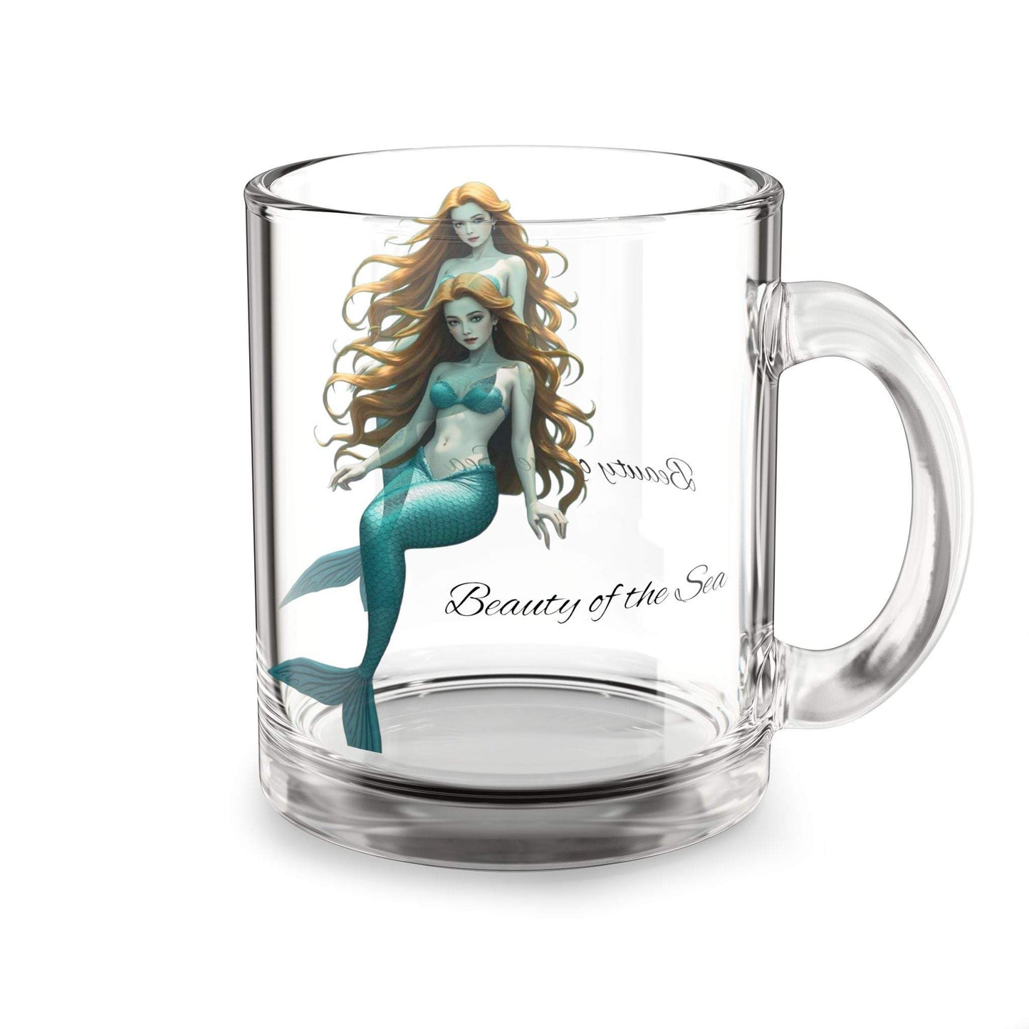 Glass Mug Mermaid-Themed with 'Beauty of the Sea' design, 10oz clear glass, ideal for ocean lovers.