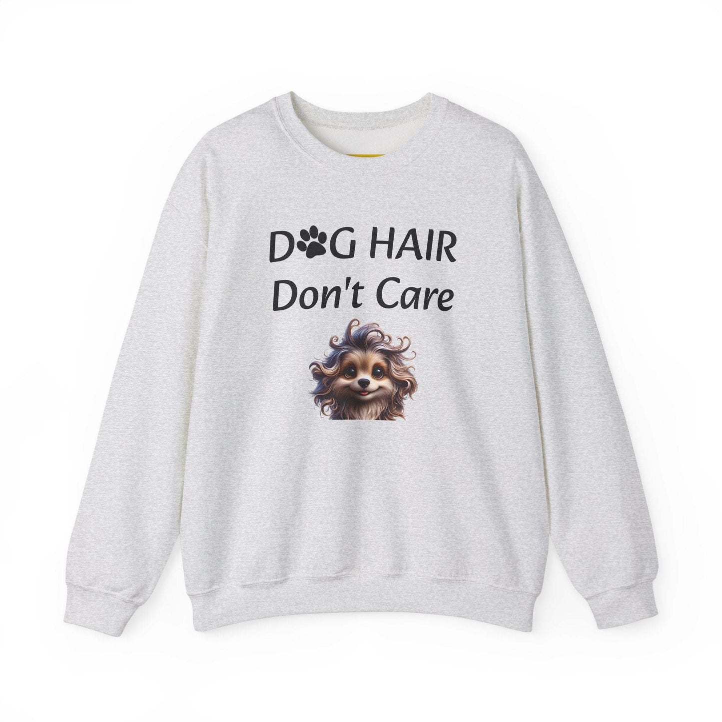Unisex crewneck sweatshirt with "Dog Hair Don't Care" design in heavy blend fabric.