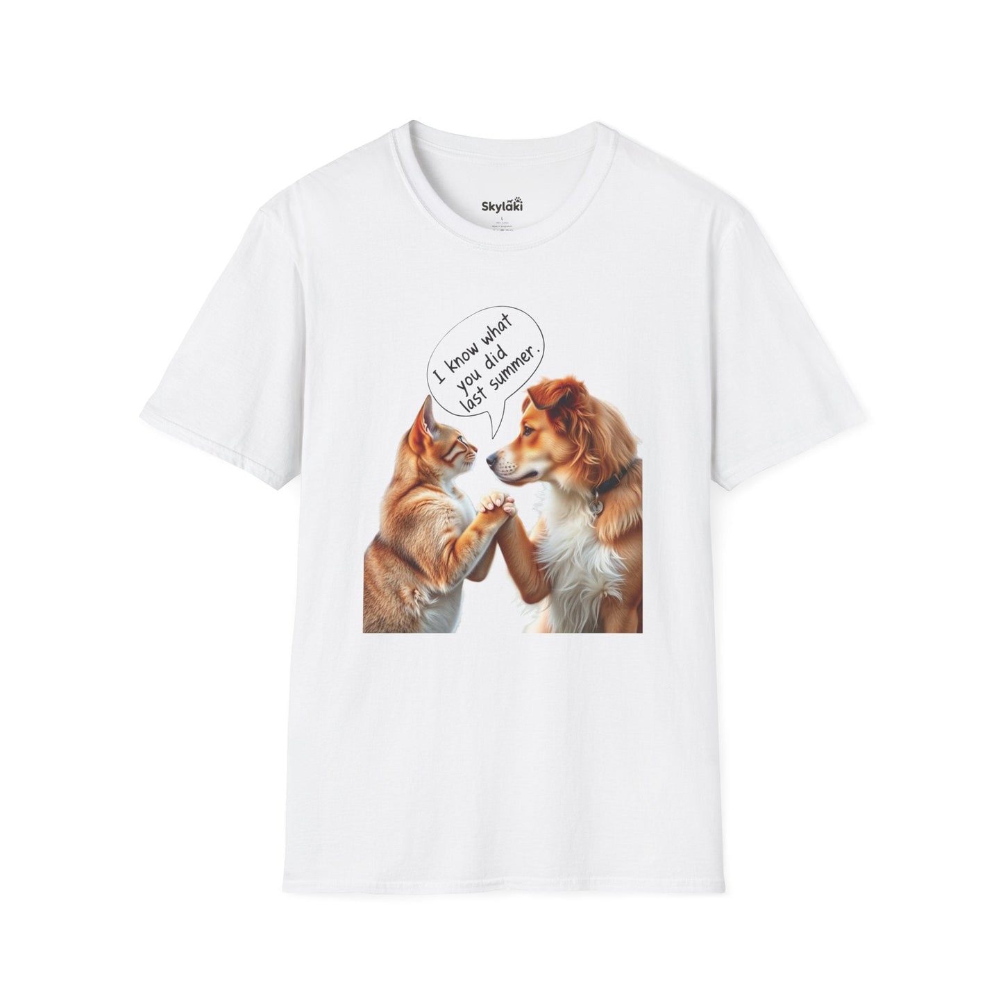 Unisex T-shirt with funny dog quote "I Know What You Did Last Summer!" featuring playful dog illustration.