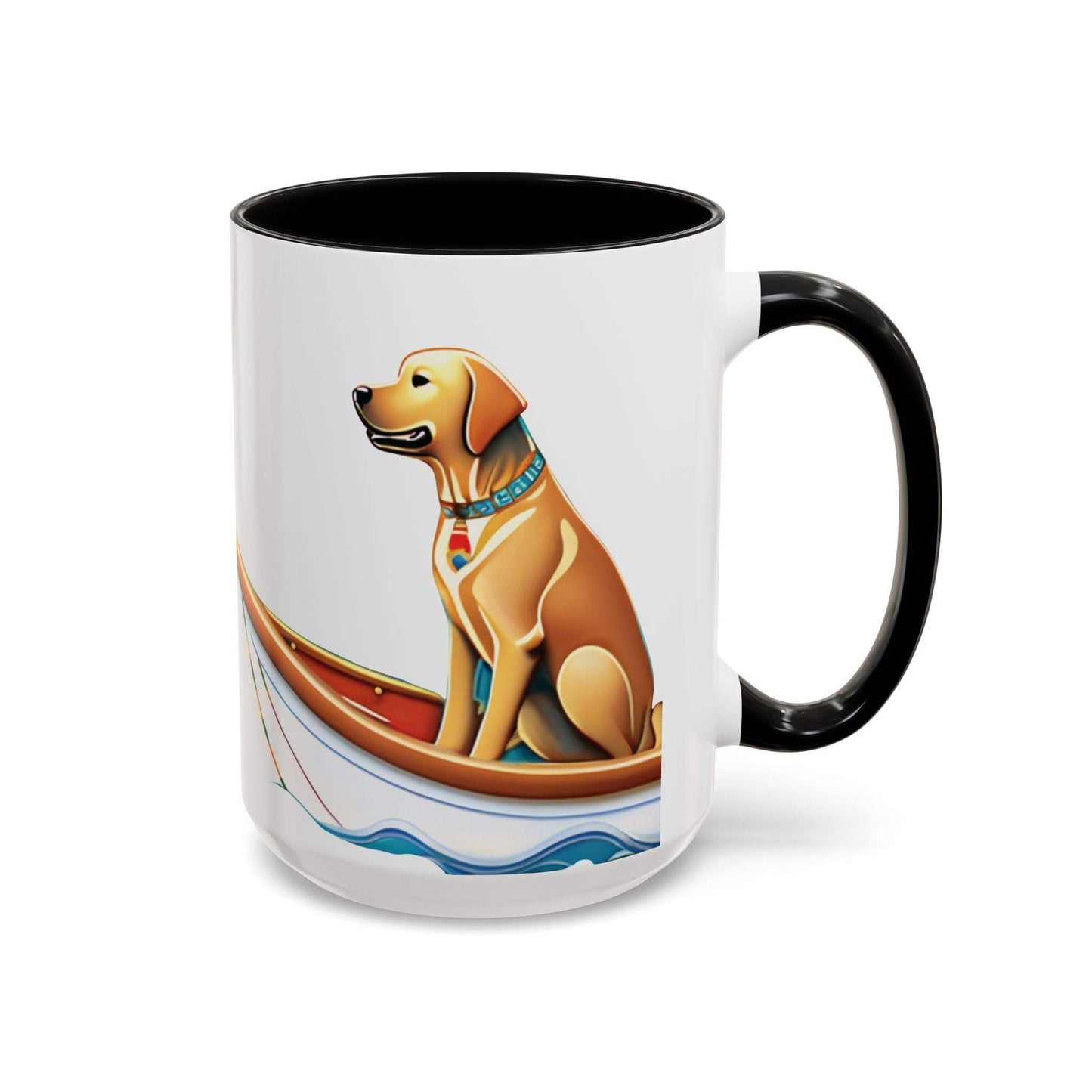 Nautical Dog Lover Coffee Mug featuring dog in boat design, available in 11oz & 15oz sizes, ceramic, dishwasher and microwave safe.