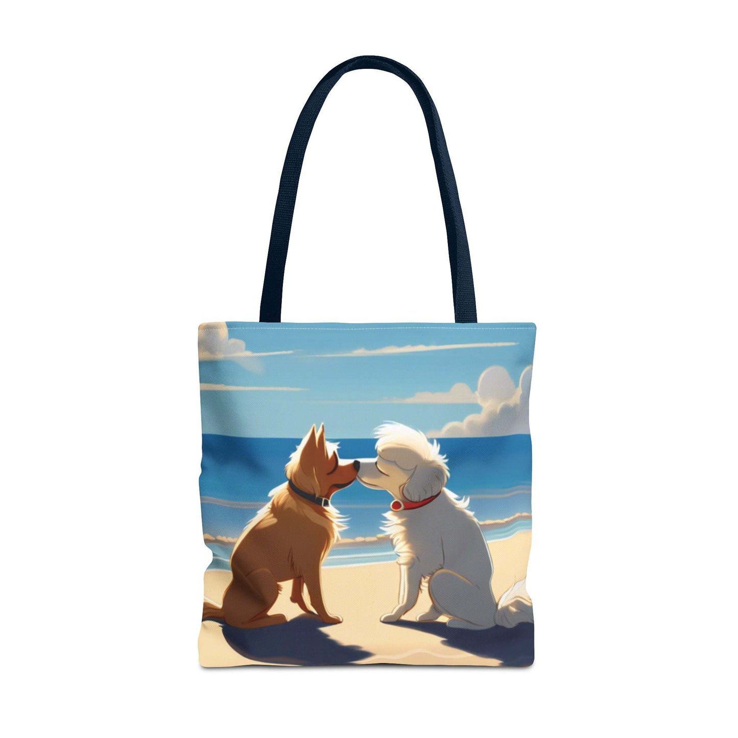 Stylish everyday tote bag featuring dogs on a beach with durable polyester fabric and cotton webbing straps.