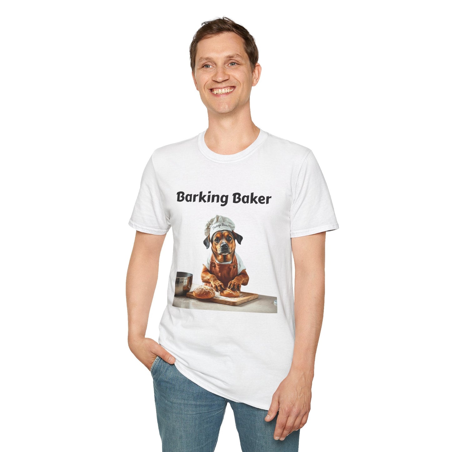 Unisex T-shirt featuring whimsical Barking Baker dog chef design for baking lovers.