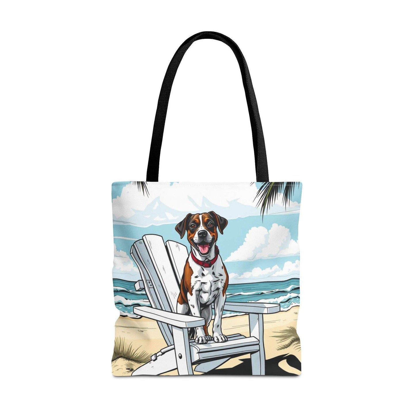 Beach tote bag with dog artwork, perfect for pet lovers and beach trips.