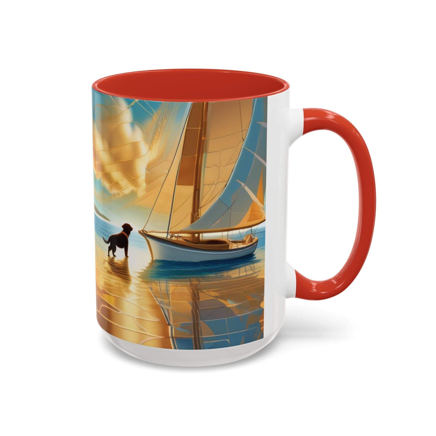 Serene Sunset Dog Lover's Mug with vibrant sunset and sailboat artwork, available in 11oz and 15oz sizes.