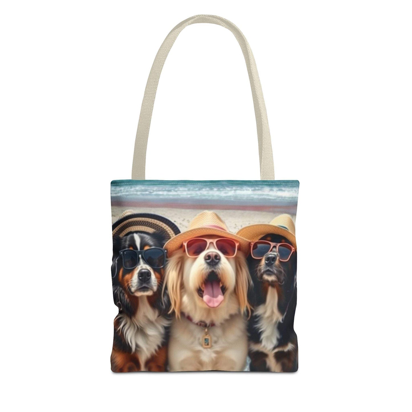 Trendy tote bag with fun dog companions in sunglasses design for pet lovers.