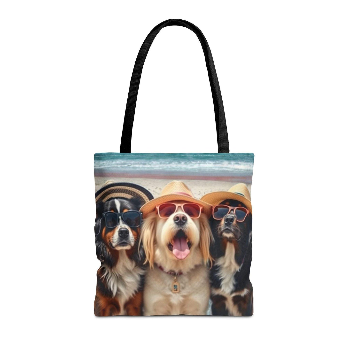 Trendy tote bag for pet lovers with fun dog companions in sunglasses design.