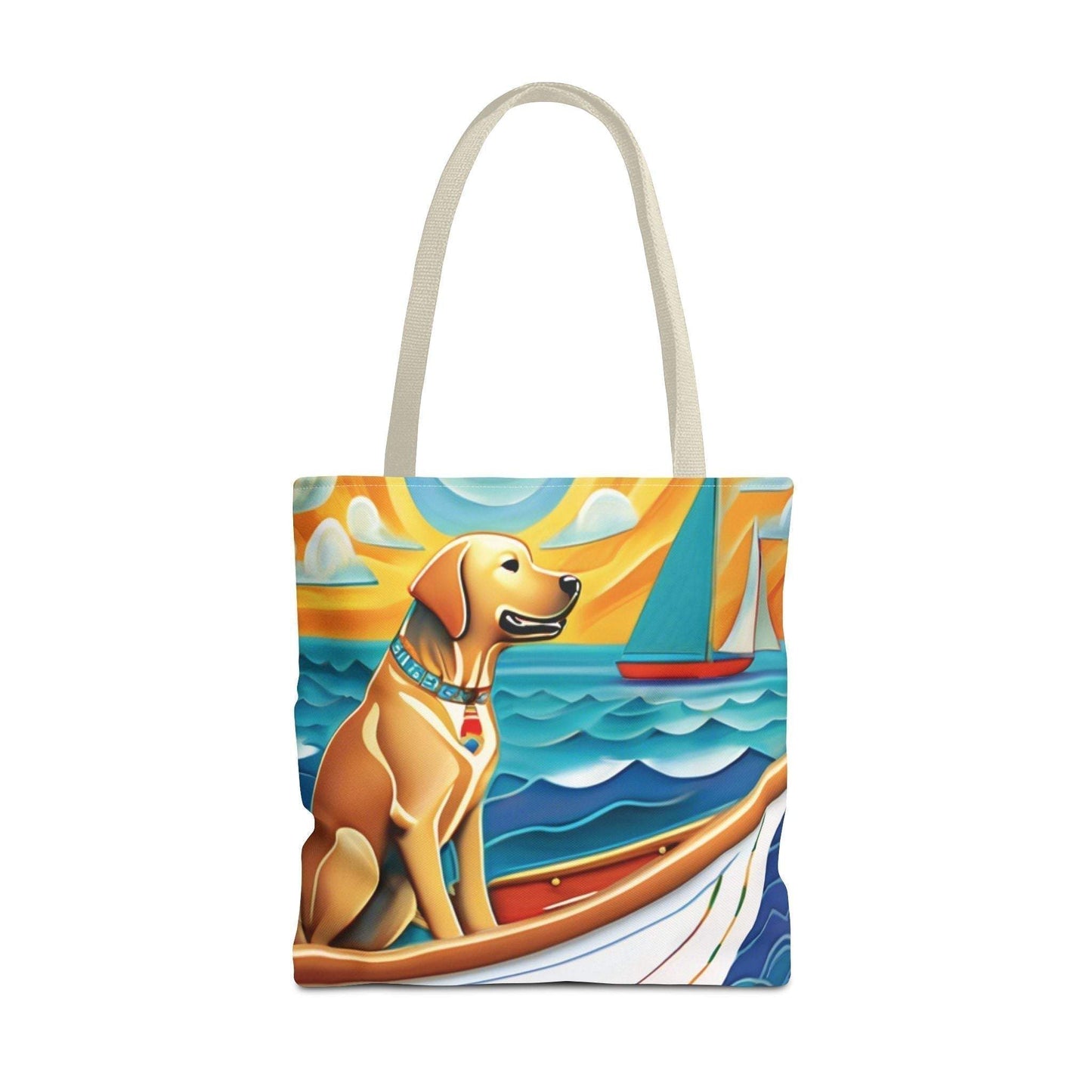Sailing Dog Tote Bag featuring a cheerful dog on calm waters, perfect for pet lovers and outdoor enthusiasts; durable and stylish.