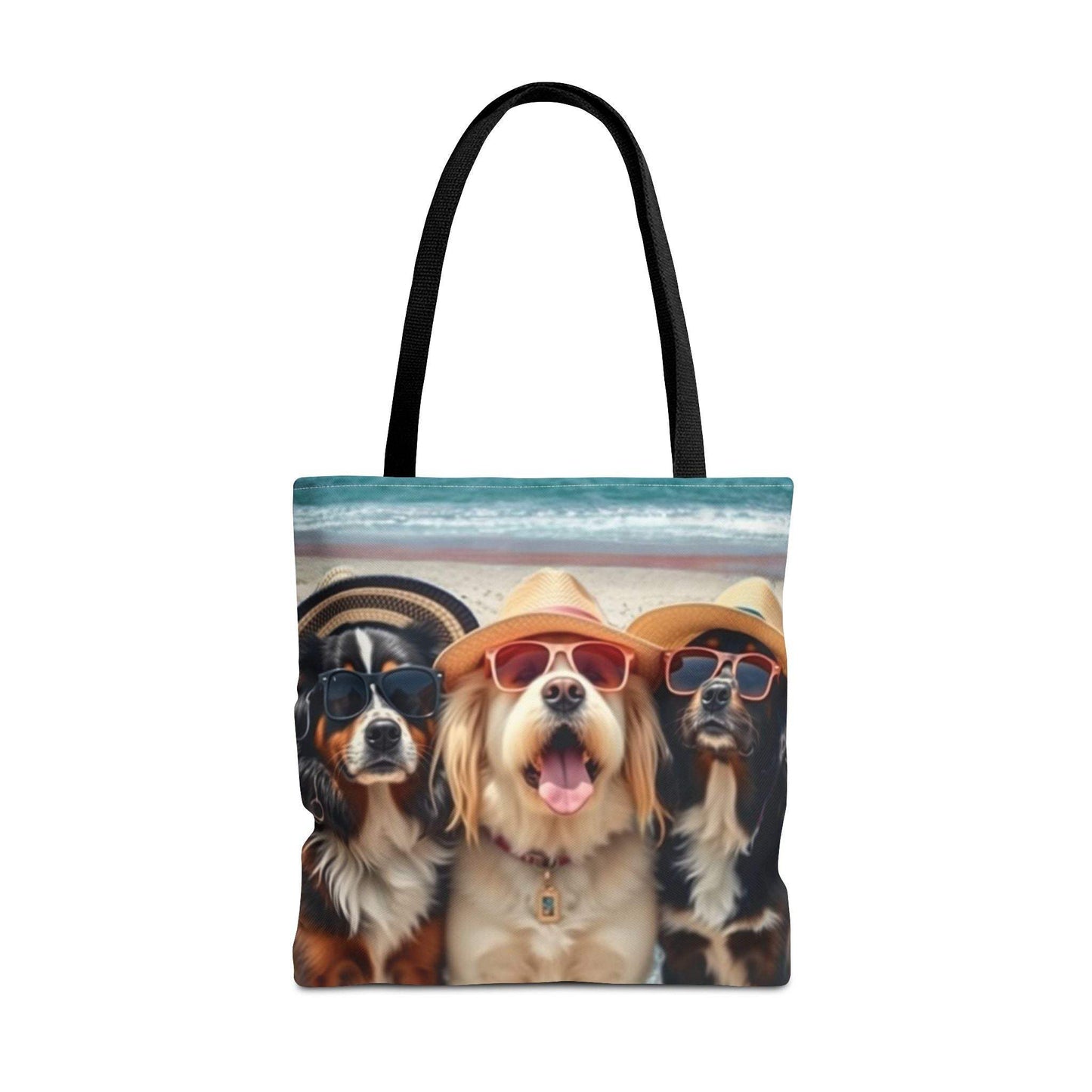Trendy tote bag with fun dog companions in sunglasses design.