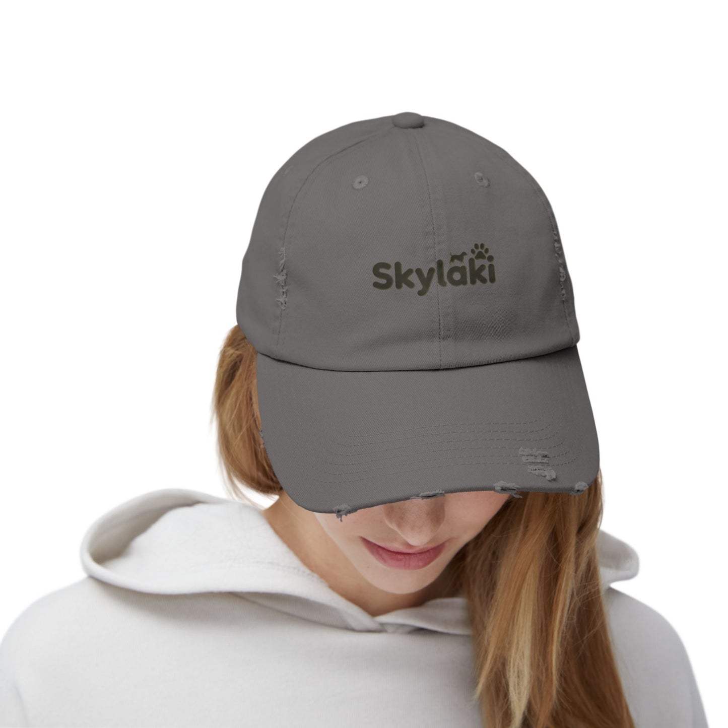 Unisex distressed cap with Skylaki logo, vintage style, cotton twill, perfect for dog lovers.