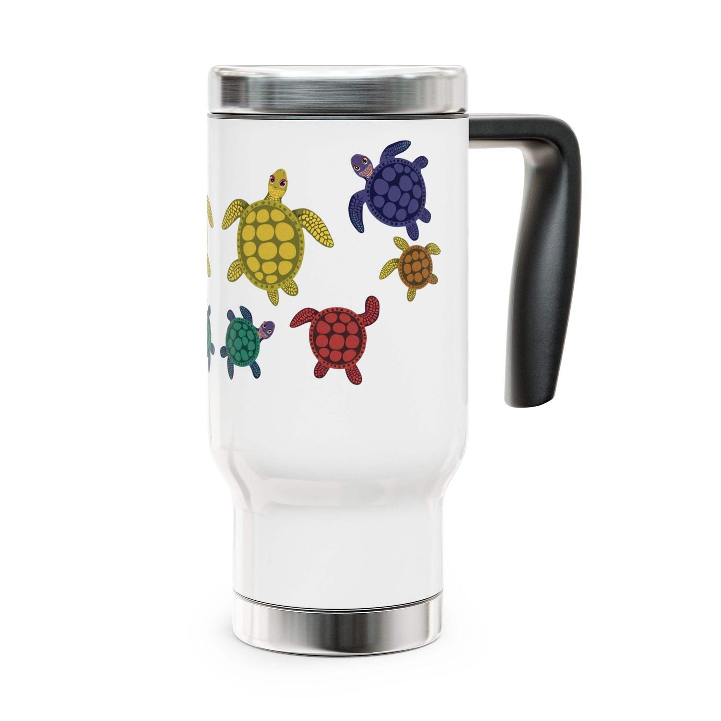 Stainless steel travel mug with handle and turtle design, 14oz.