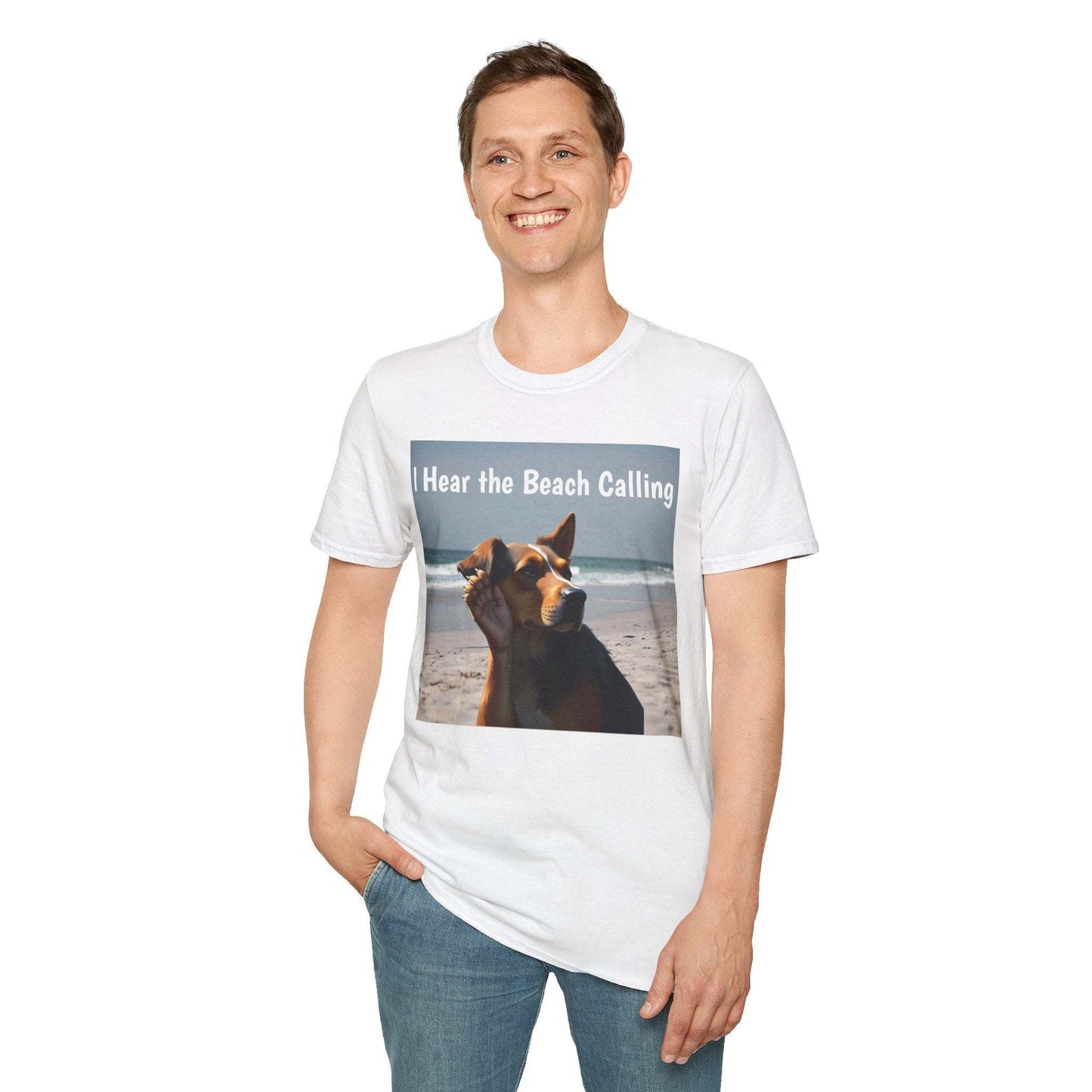Dog Lovers Unisex Softstyle T-Shirt with beach and dog design.