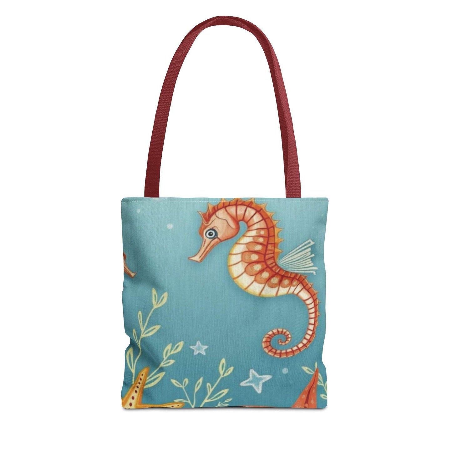 Beach tote bag with vibrant seahorse and starfish design on teal background.
