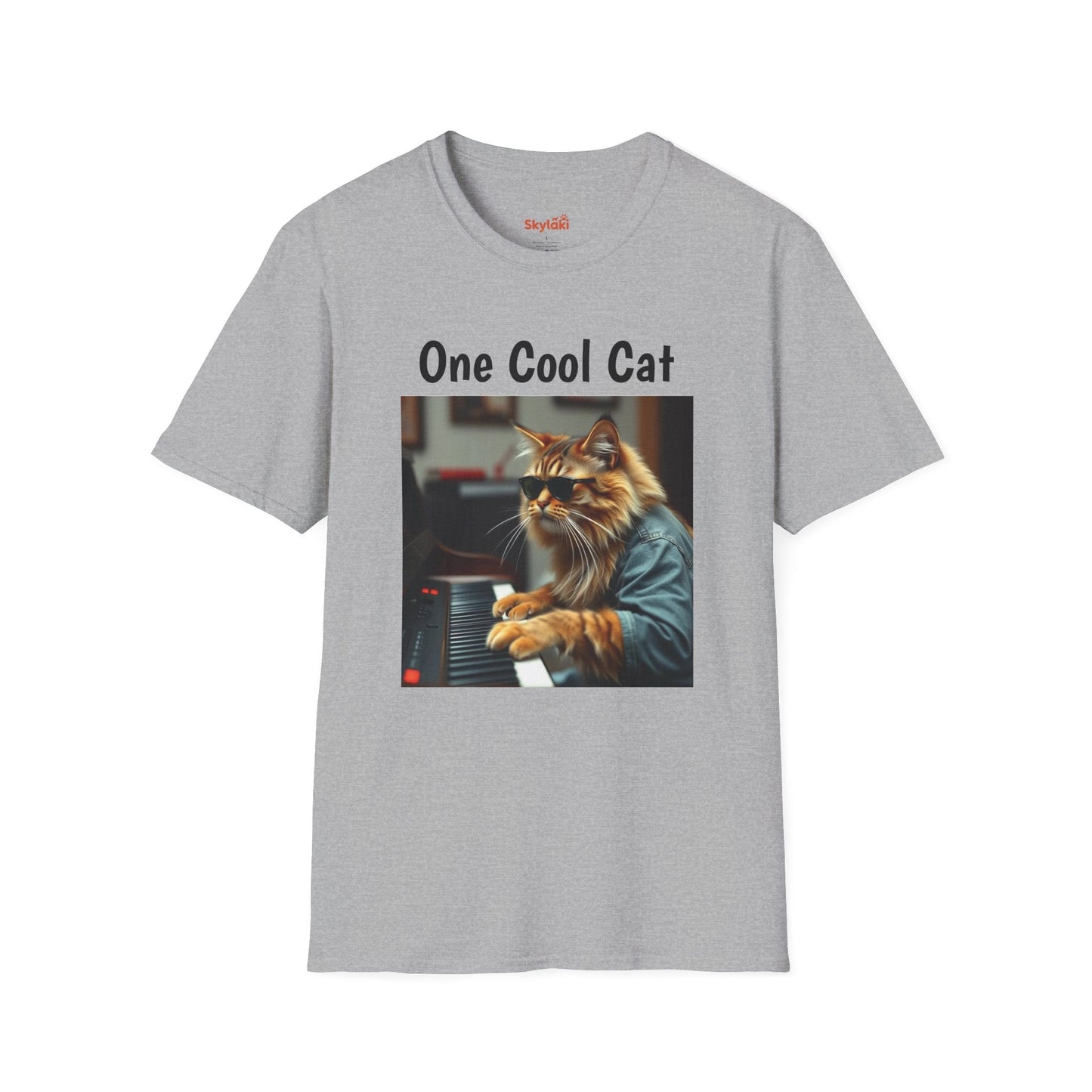Unisex softstyle T-shirt featuring a cool cat playing piano, perfect for cat lovers.