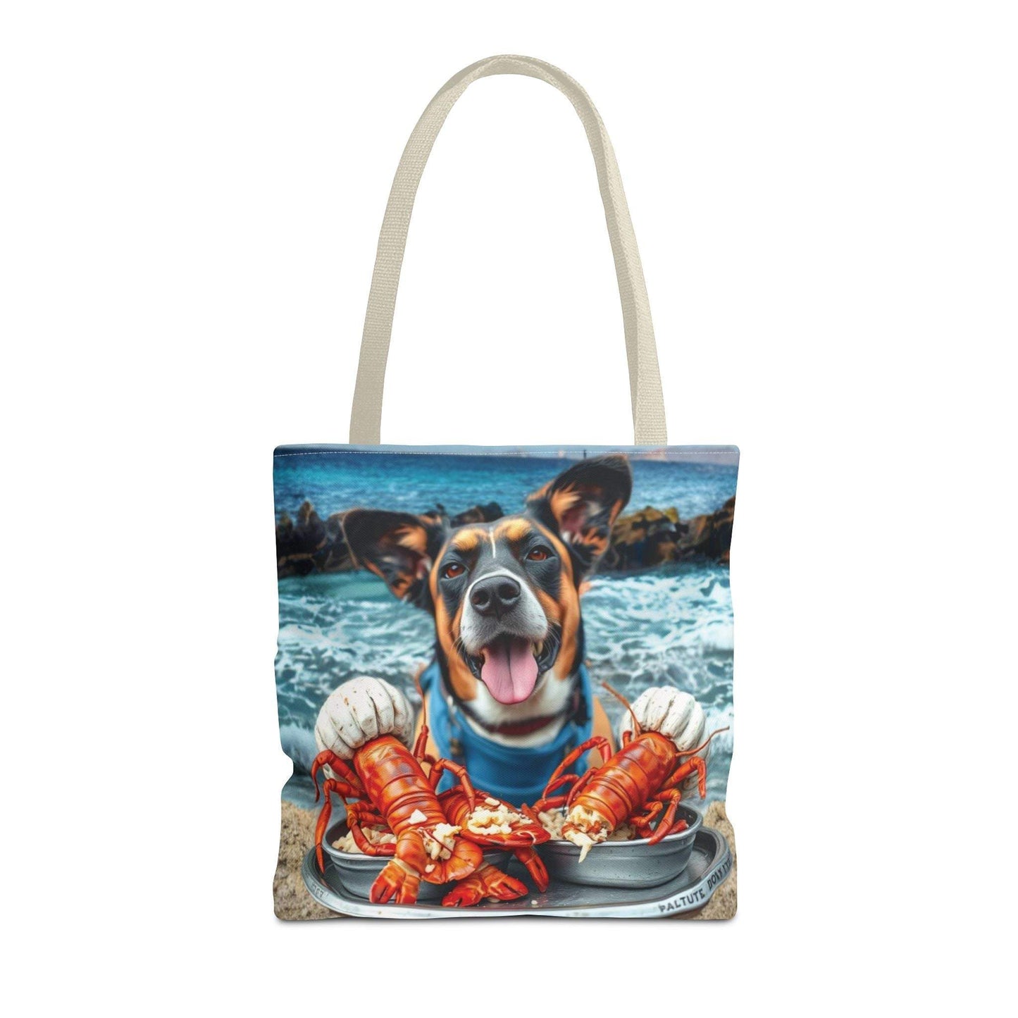 Colorful tote bag with playful dog and lobster design, perfect for beach lovers.