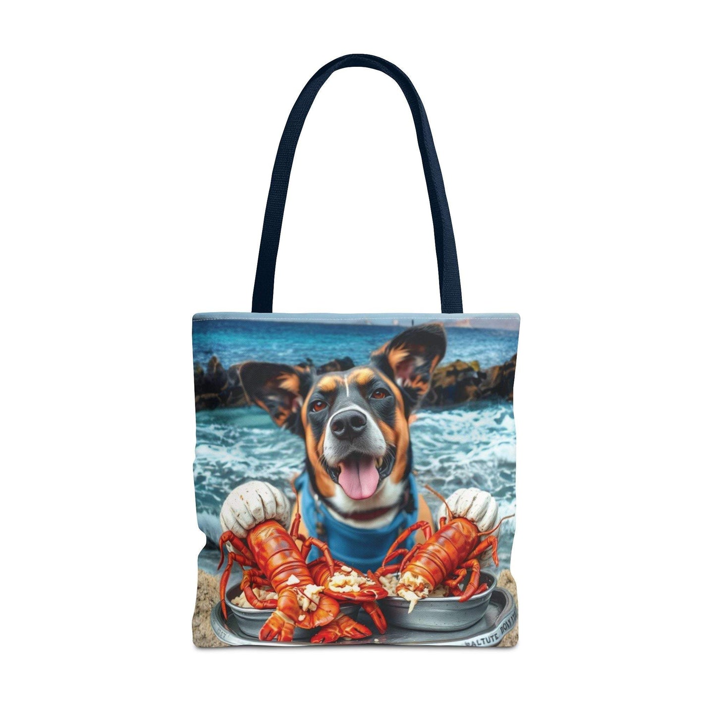 Vibrant tote bag with playful dog and lobster design, perfect for beach trips and pet lovers.