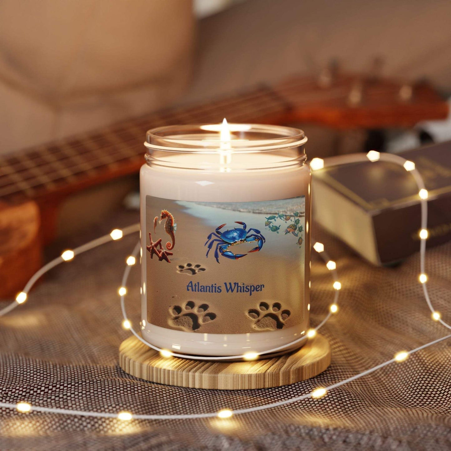 Scented soy candle Atlantis Whisper with ocean-inspired aroma, 9oz, eco-friendly and long-lasting.