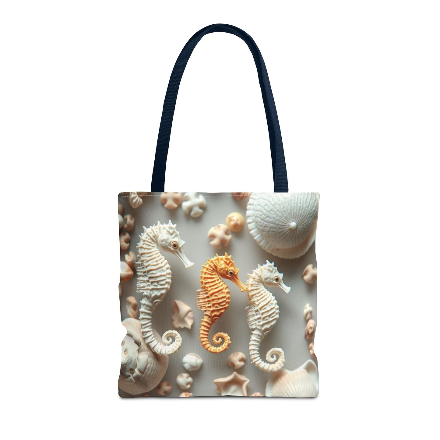 Seahorse-themed beach tote bag featuring vibrant, artistic design with durable polyester material, perfect for ocean lovers.